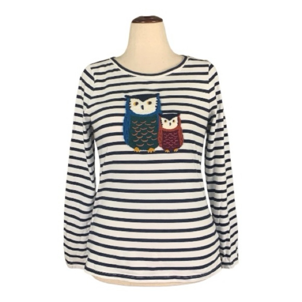 Talbots Striped Long Sleeve Tee Top Embroidered Applique Owls‎ Cotton Medium